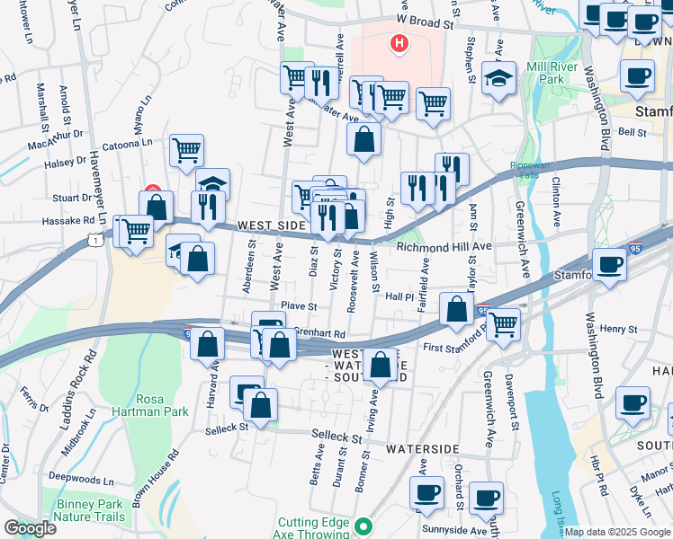 map of restaurants, bars, coffee shops, grocery stores, and more near 19 Victory Street in Stamford