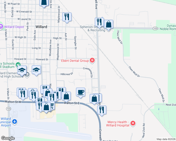 map of restaurants, bars, coffee shops, grocery stores, and more near 109 Crestwood Drive in Willard