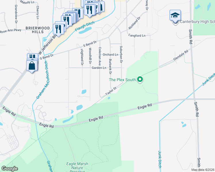 map of restaurants, bars, coffee shops, grocery stores, and more near 4019 Coleman Avenue in Fort Wayne