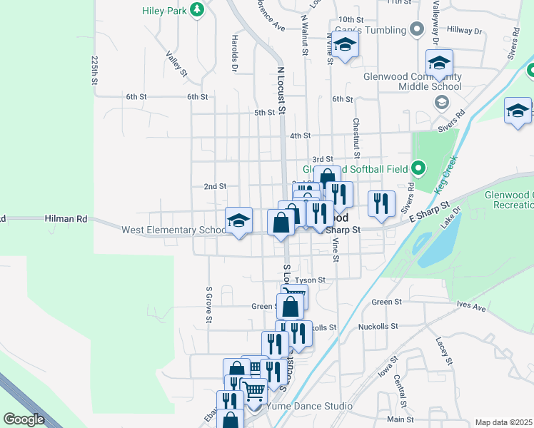 map of restaurants, bars, coffee shops, grocery stores, and more near 102 North Hazel Street in Glenwood