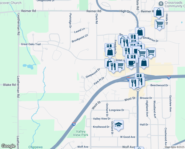 map of restaurants, bars, coffee shops, grocery stores, and more near 301 Deepwood Drive in Wadsworth