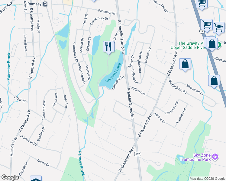 map of restaurants, bars, coffee shops, grocery stores, and more near 271 Lakeside Drive in Ramsey