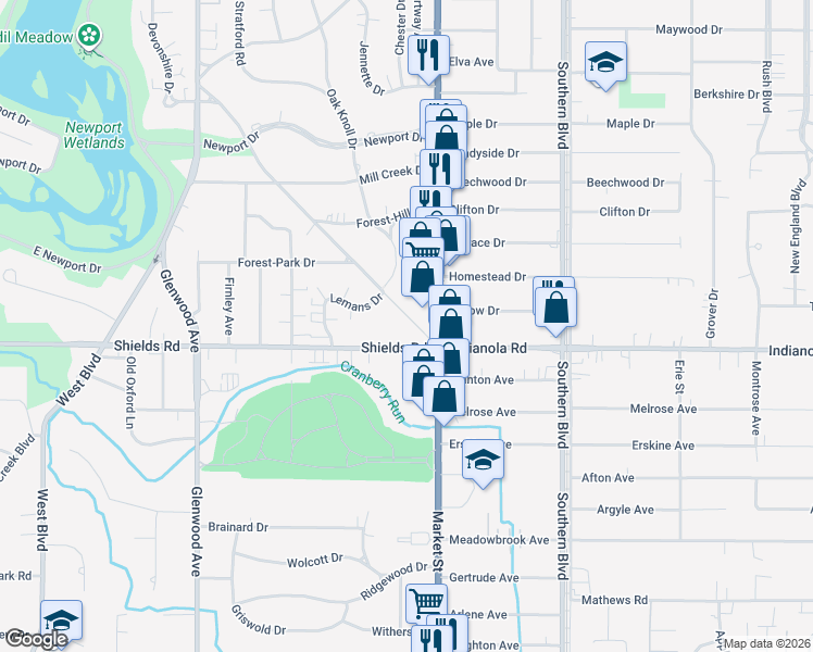 map of restaurants, bars, coffee shops, grocery stores, and more near 4950 Brookwood Road in Boardman