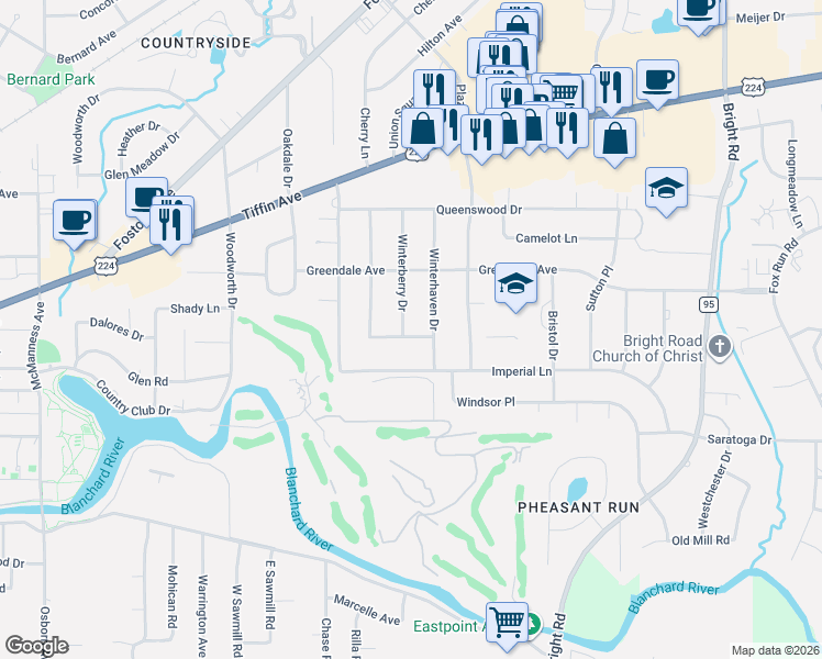 map of restaurants, bars, coffee shops, grocery stores, and more near 604 Winterhaven Drive in Findlay