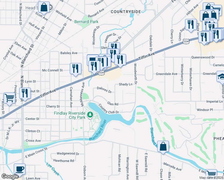 map of restaurants, bars, coffee shops, grocery stores, and more near 1201 Shady Lane in Findlay