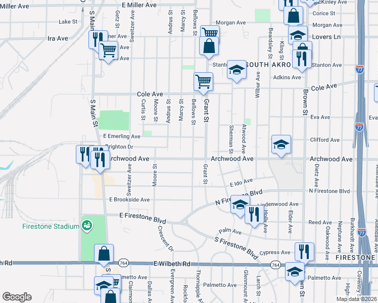 map of restaurants, bars, coffee shops, grocery stores, and more near 1445 Marcy Street in Akron
