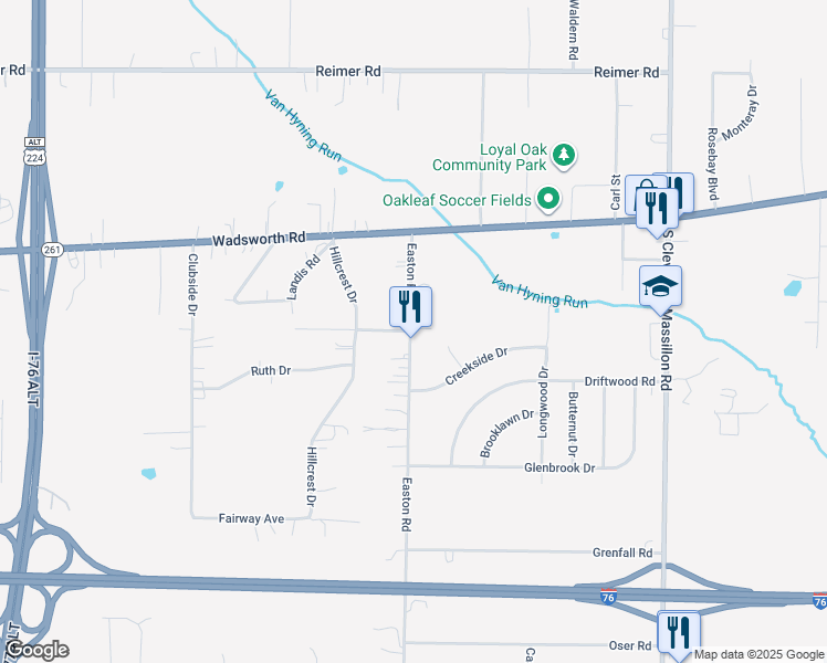 map of restaurants, bars, coffee shops, grocery stores, and more near 3170 Easton Road in Norton