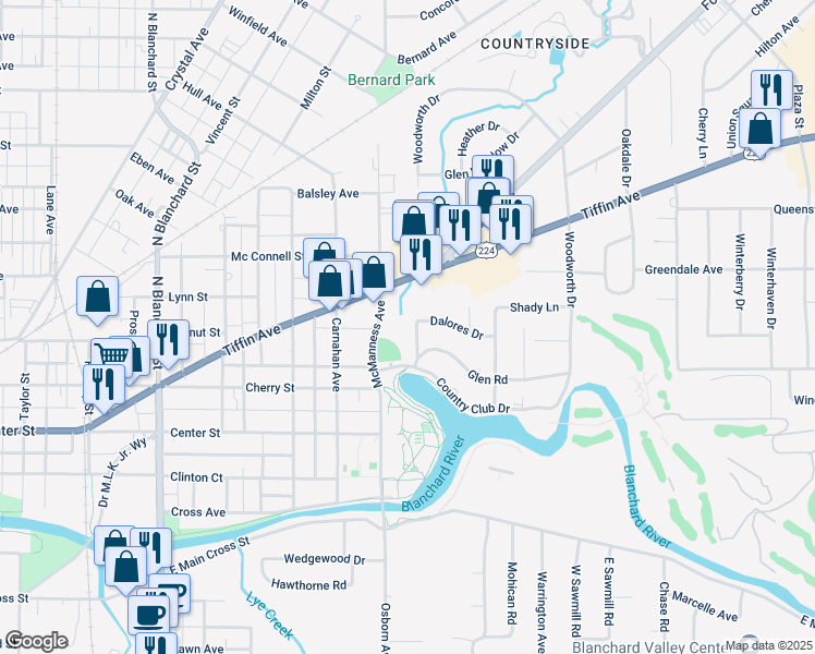map of restaurants, bars, coffee shops, grocery stores, and more near 1113-1119 Dalores Dr in Findlay