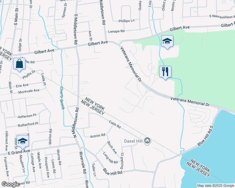 map of restaurants, bars, coffee shops, grocery stores, and more near Blue Hill Plaza in Pearl River