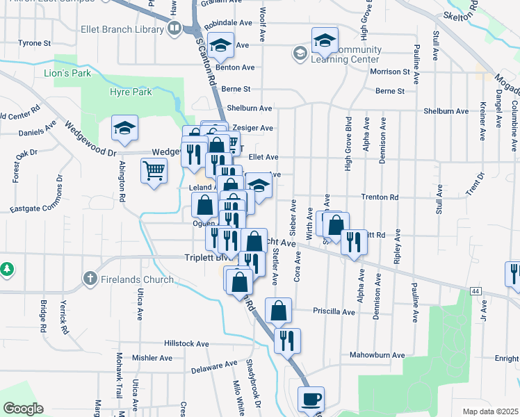 map of restaurants, bars, coffee shops, grocery stores, and more near 629 Canton Road in Akron