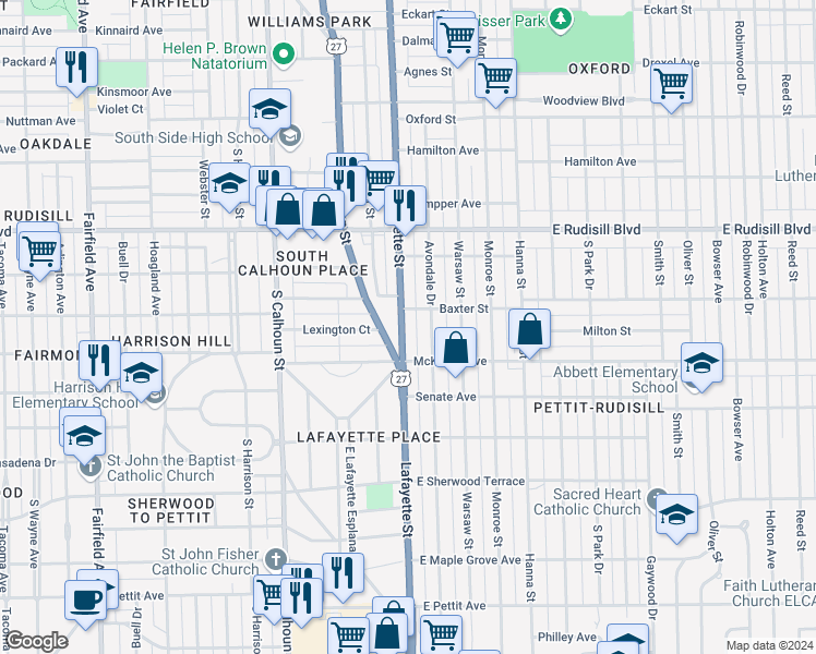 map of restaurants, bars, coffee shops, grocery stores, and more near 4133 Lafayette Street in Fort Wayne