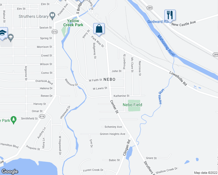 map of restaurants, bars, coffee shops, grocery stores, and more near 18 West Lewis Street in Struthers