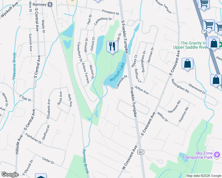 map of restaurants, bars, coffee shops, grocery stores, and more near 271 Lakeside Drive in Ramsey