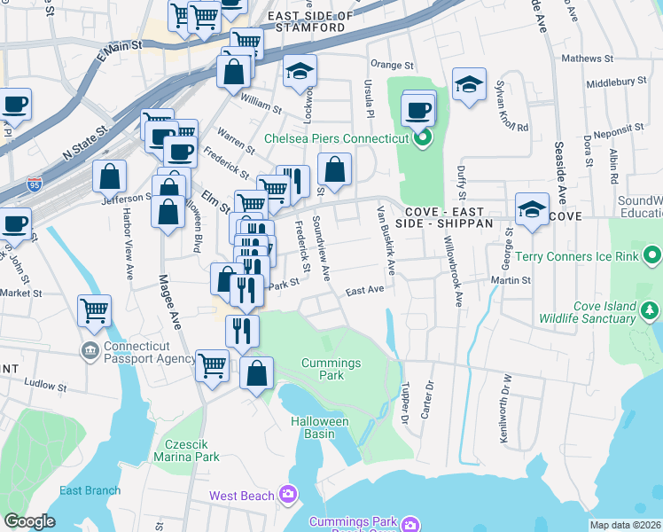 map of restaurants, bars, coffee shops, grocery stores, and more near 51 Soundview Avenue in Stamford
