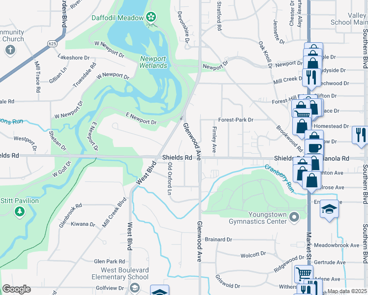 map of restaurants, bars, coffee shops, grocery stores, and more near 5100 Glenwood Avenue in Youngstown