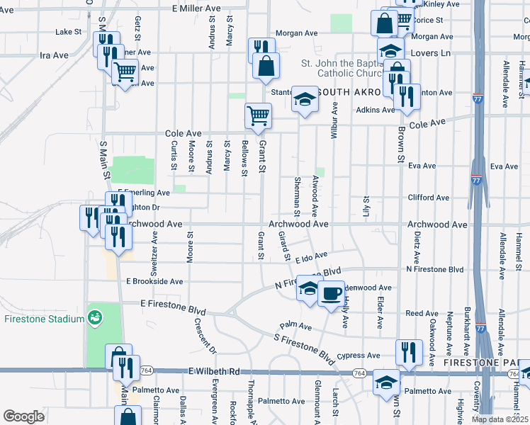 map of restaurants, bars, coffee shops, grocery stores, and more near 1300 Grant Street in Akron