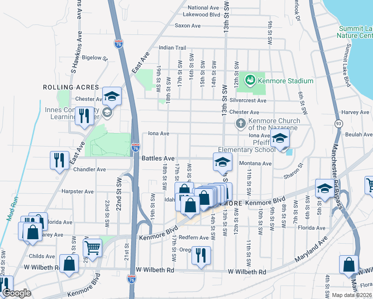 map of restaurants, bars, coffee shops, grocery stores, and more near 2063 17th Street Southwest in Akron