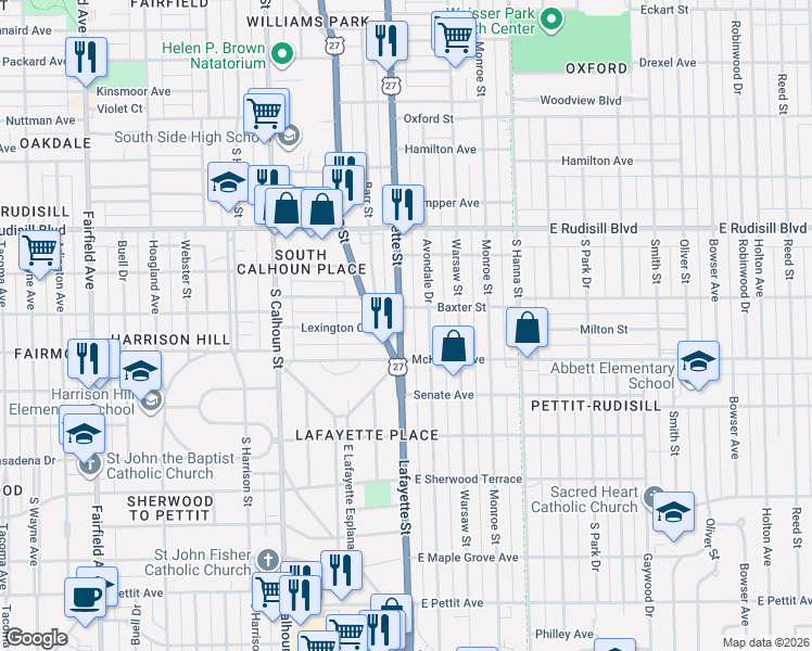 map of restaurants, bars, coffee shops, grocery stores, and more near 4118 Lafayette Street in Fort Wayne