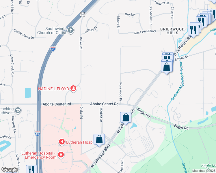 map of restaurants, bars, coffee shops, grocery stores, and more near 3905 Huth Drive in Fort Wayne