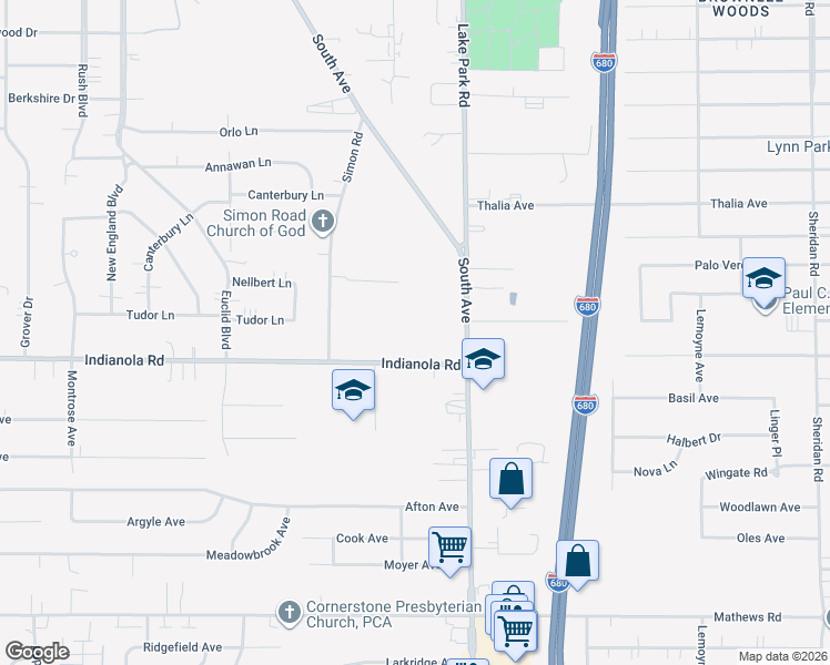 map of restaurants, bars, coffee shops, grocery stores, and more near 896 Indianola Road in Youngstown