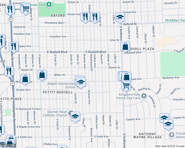 map of restaurants, bars, coffee shops, grocery stores, and more near 4118 Robinwood Drive in Fort Wayne
