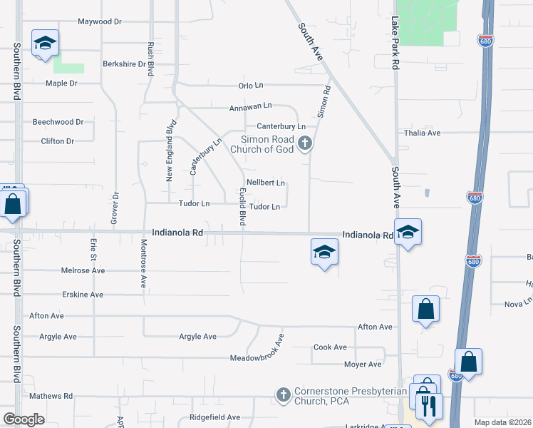 map of restaurants, bars, coffee shops, grocery stores, and more near 743 Tudor Ln in Youngstown