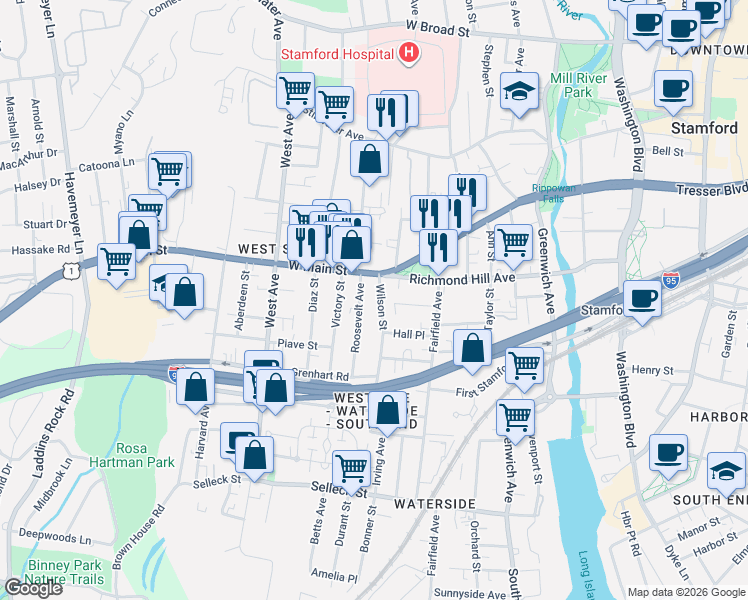 map of restaurants, bars, coffee shops, grocery stores, and more near 16 Roosevelt Avenue in Stamford
