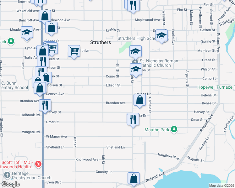map of restaurants, bars, coffee shops, grocery stores, and more near 375 Geneva Avenue in Struthers