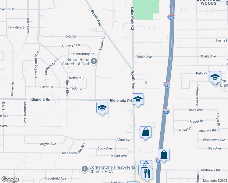 map of restaurants, bars, coffee shops, grocery stores, and more near 896 Indianola Road in Youngstown