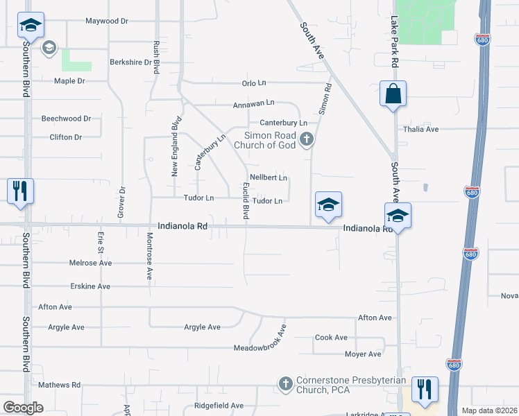 map of restaurants, bars, coffee shops, grocery stores, and more near 743 Tudor Lane in Youngstown