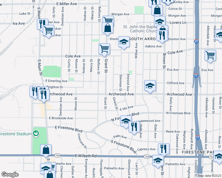 map of restaurants, bars, coffee shops, grocery stores, and more near 1307 Girard Street in Akron