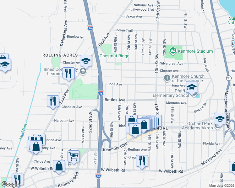 map of restaurants, bars, coffee shops, grocery stores, and more near 2065 18th Street Southwest in Akron