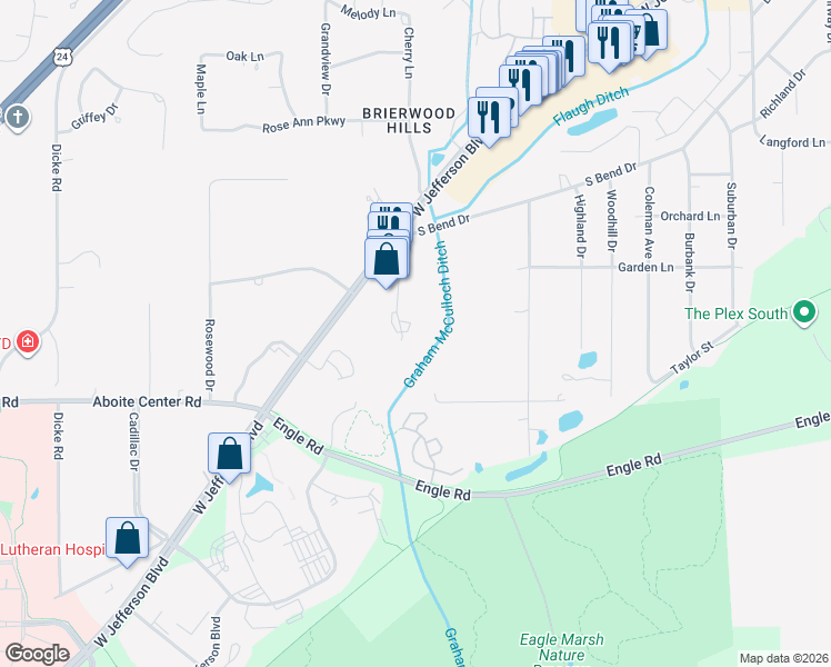 map of restaurants, bars, coffee shops, grocery stores, and more near 7127 West Jefferson Boulevard in Fort Wayne