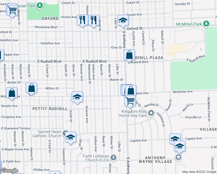 map of restaurants, bars, coffee shops, grocery stores, and more near 4130 Winter Street in Fort Wayne