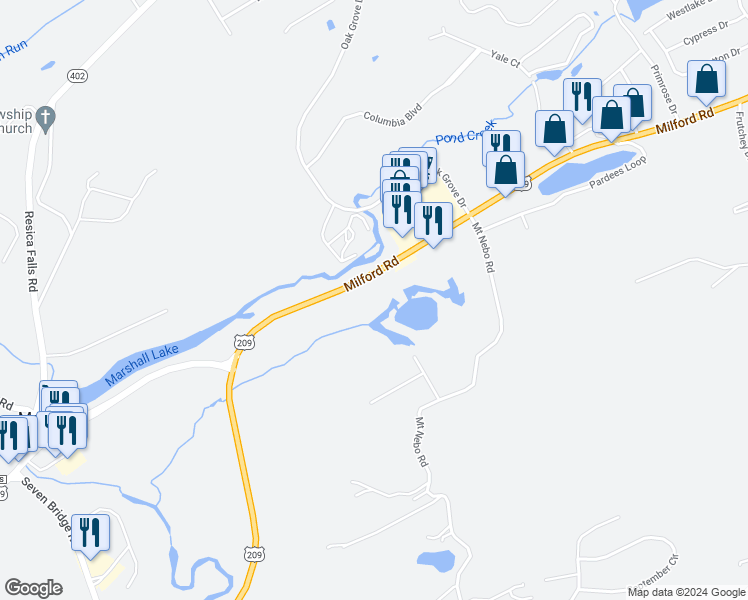 map of restaurants, bars, coffee shops, grocery stores, and more near 4494 Milford Road in East Stroudsburg