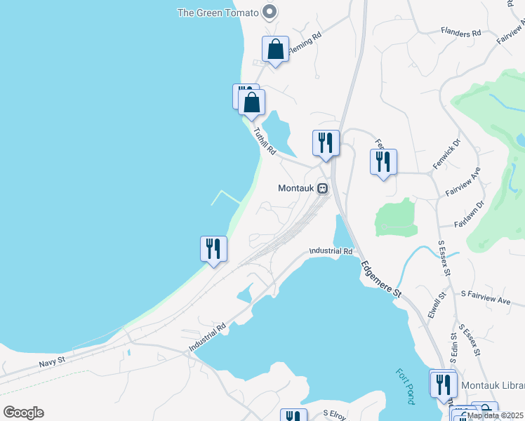 map of restaurants, bars, coffee shops, grocery stores, and more near 23 Fort Pond Road in Montauk