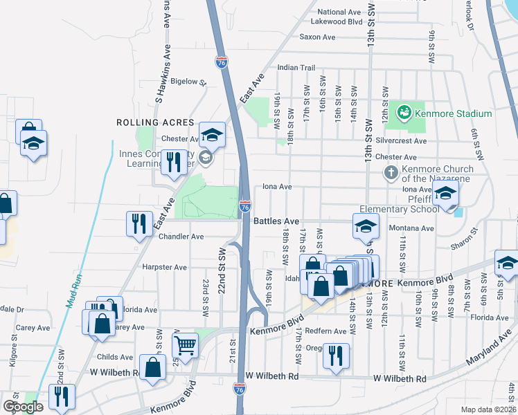 map of restaurants, bars, coffee shops, grocery stores, and more near 2064 19th Street Southwest in Akron