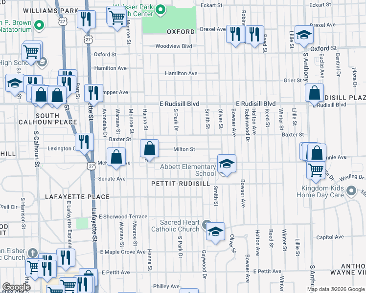 map of restaurants, bars, coffee shops, grocery stores, and more near 909 Milton Street in Fort Wayne