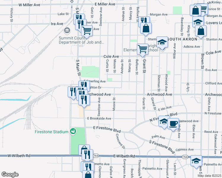 map of restaurants, bars, coffee shops, grocery stores, and more near 114 Brighton Drive in Akron