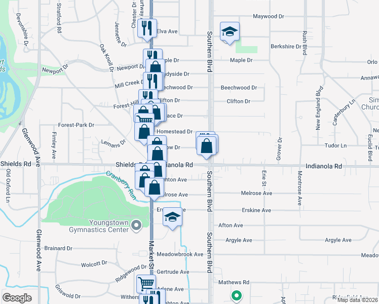 map of restaurants, bars, coffee shops, grocery stores, and more near 85 Willow Dr in Youngstown