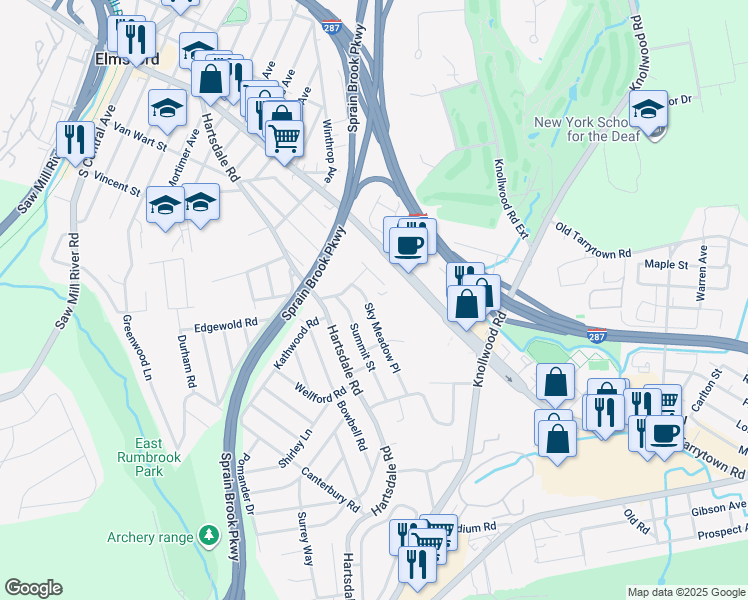 map of restaurants, bars, coffee shops, grocery stores, and more near 290 East Main Street in Elmsford