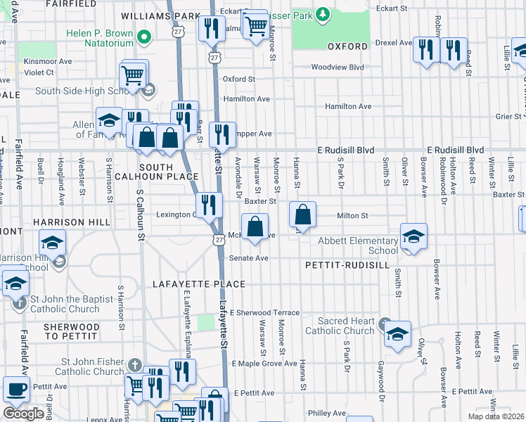 map of restaurants, bars, coffee shops, grocery stores, and more near 4125 Warsaw Street in Fort Wayne