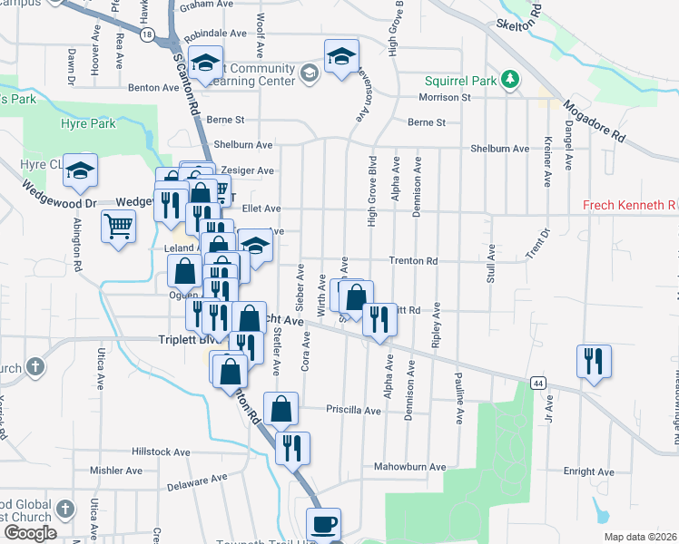 map of restaurants, bars, coffee shops, grocery stores, and more near 426 Stevenson Avenue in Akron