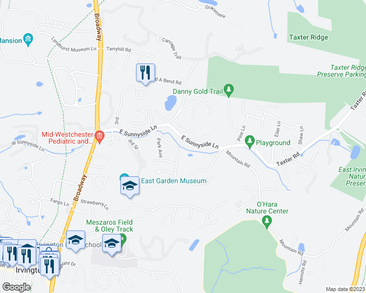 map of restaurants, bars, coffee shops, grocery stores, and more near 98 East Sunnyside Lane in Irvington