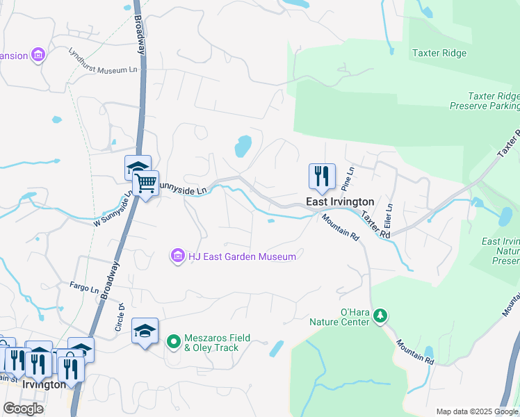 map of restaurants, bars, coffee shops, grocery stores, and more near 92 East Sunnyside Lane in Irvington