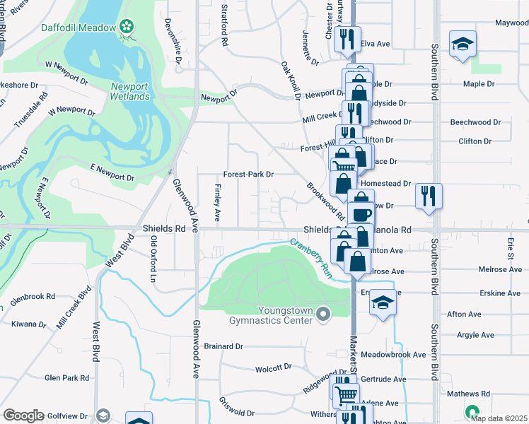 map of restaurants, bars, coffee shops, grocery stores, and more near 5034 Aravesta Avenue in Youngstown
