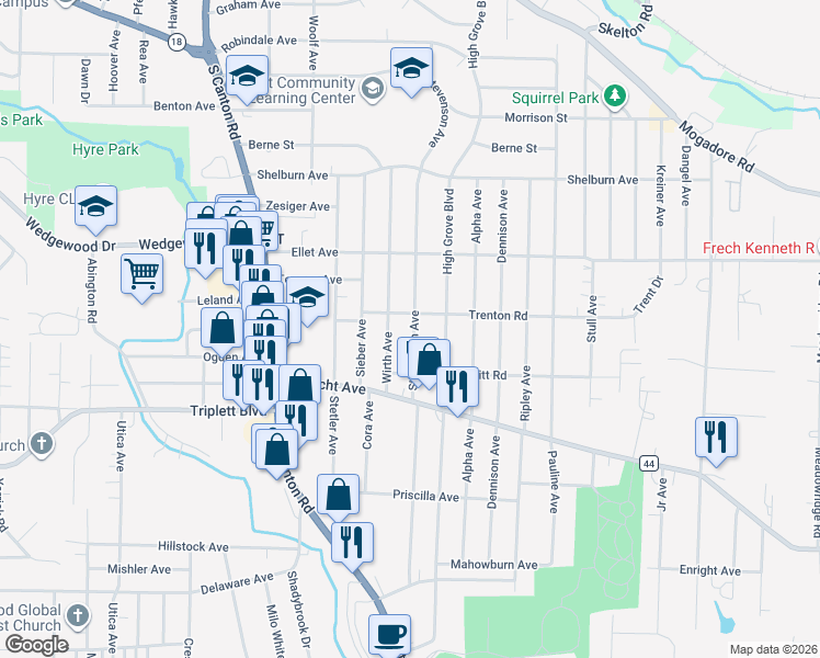 map of restaurants, bars, coffee shops, grocery stores, and more near 426 Stevenson Avenue in Akron