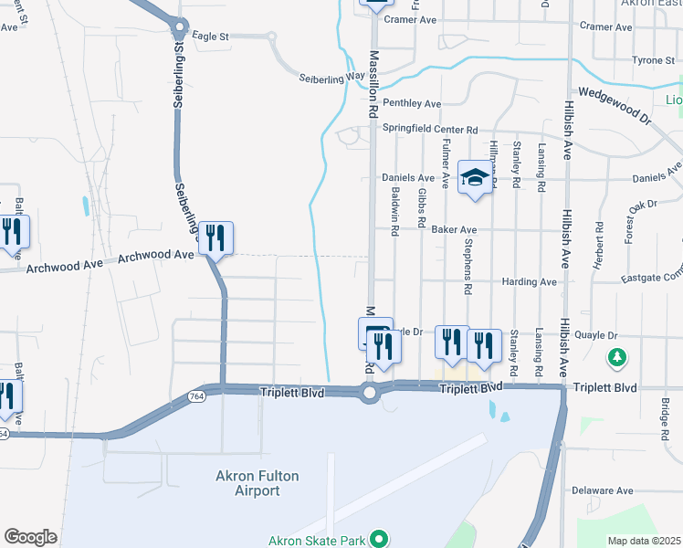map of restaurants, bars, coffee shops, grocery stores, and more near Haley's Run Trail in Akron