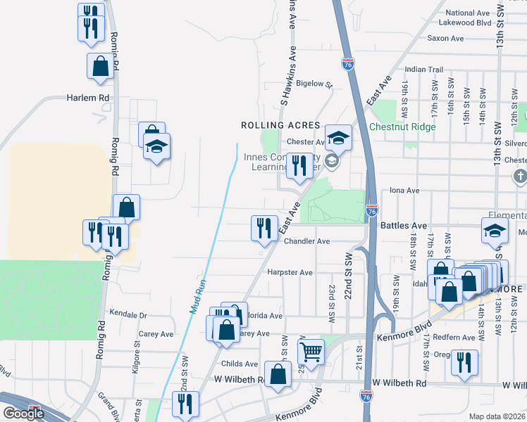 map of restaurants, bars, coffee shops, grocery stores, and more near 1251 Leeser Avenue in Akron
