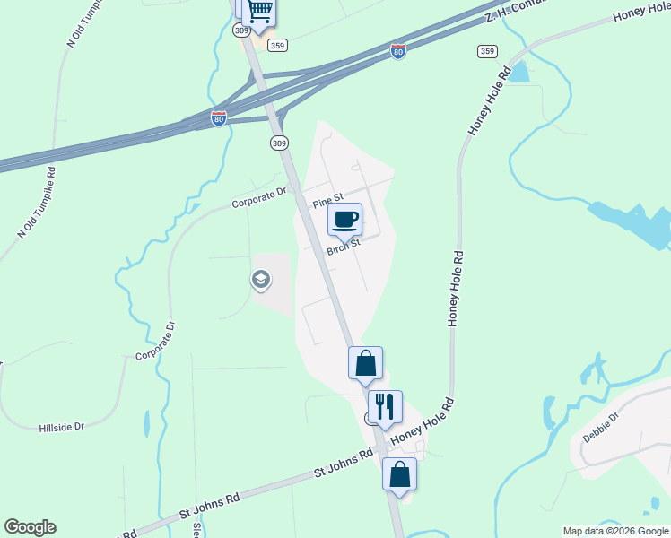 map of restaurants, bars, coffee shops, grocery stores, and more near 423 N Hunter Hwy in Luzerne